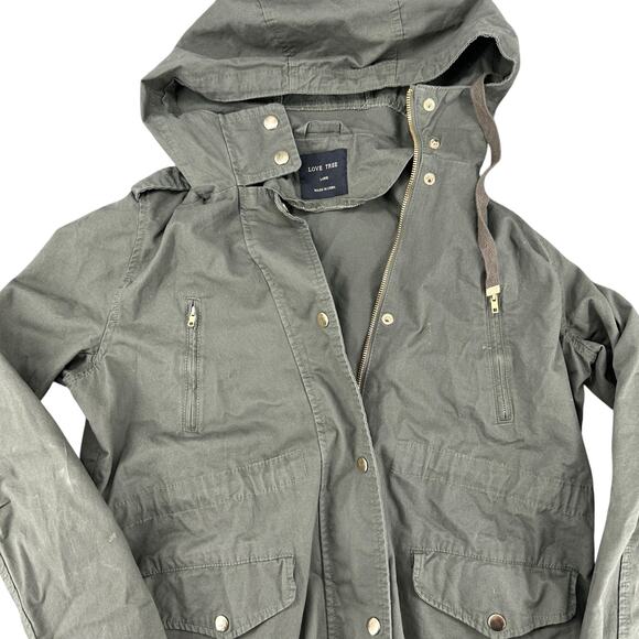 Love Tree Army Green Cargo Jacket Hooded Zipper Pockets Large Streetwear Casual - Picture 3 of 7